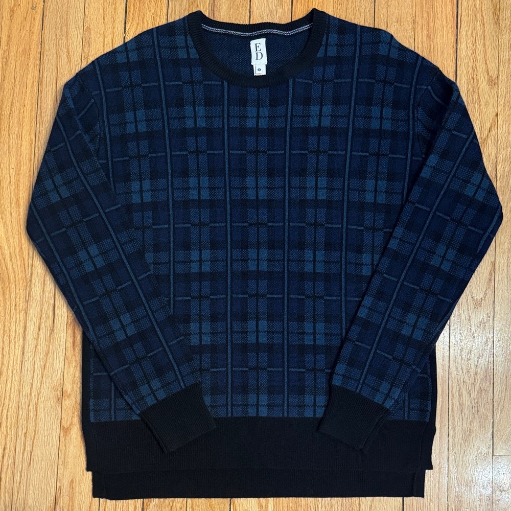 Wool Cashmere Sweater Women’s Black Teal Blue Checkered Crew Neck Sweater S